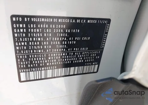 2025 Volkswagen Taos 1.5T Se z USA, uszkodzony, nr VIN 3VVUC7B22SM005329